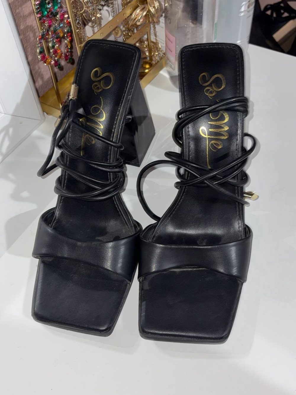 So Me Black Strappy Square-Toe Lace-Up Heels